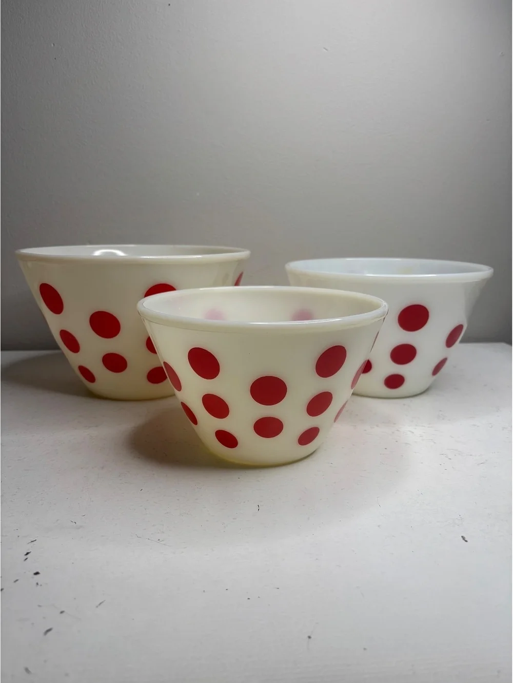 Vintage Fire King Red Polk Dot Milk Glass Oven Ware Mixing Bowl Set of 3